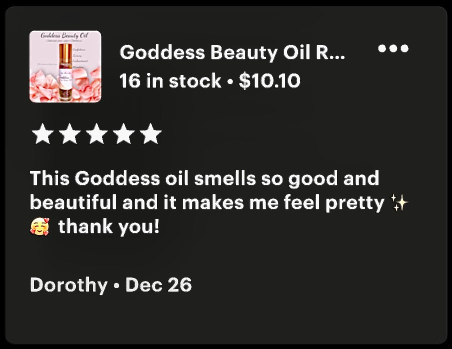 Product listing for 'Goddess Beauty Oil' with a customer review on a black background