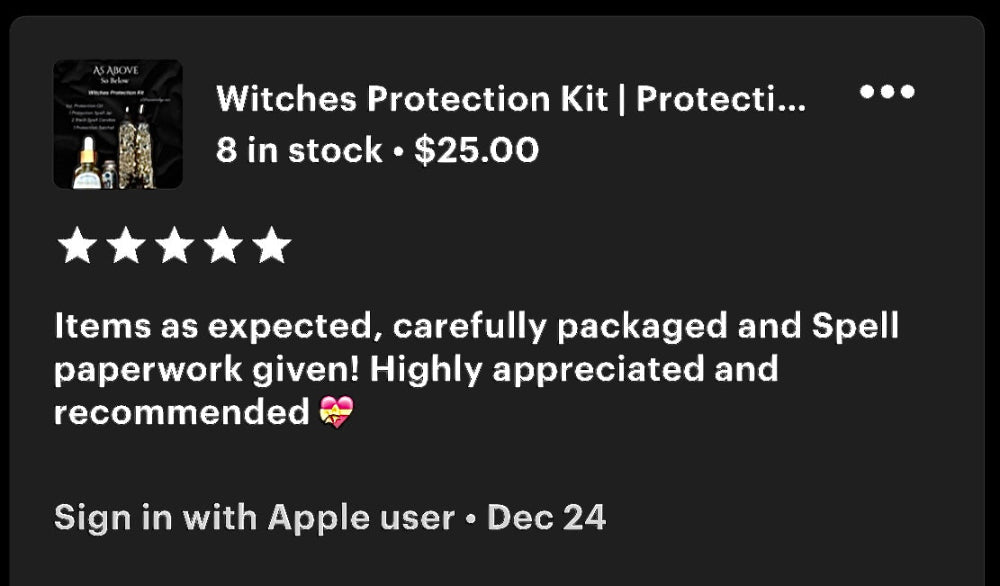 Product listing for 'Witches Protection Kit' with customer review on a black background