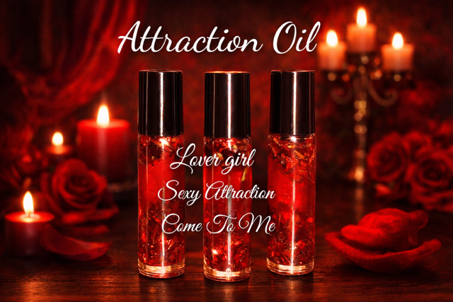 Three bottles of 'Attraction Oil' with romantic text on a dark background with candles and roses.