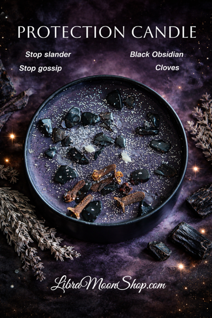 Black Protection candle with black obsidian and cloves on a dark background, featuring text about its properties.