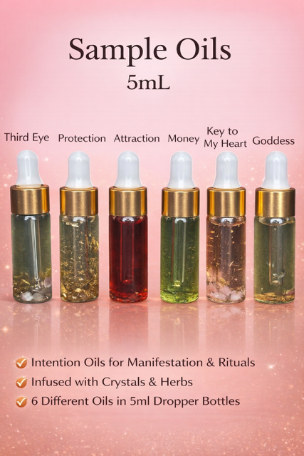 Set of 6 intention ritual oils in dropper bottles with a pink background