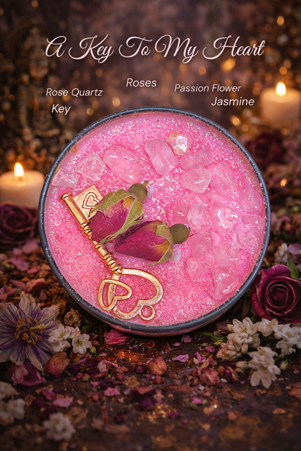 Pink decorative candle with a key and flowers with rose quartz crystals on a herbal background.