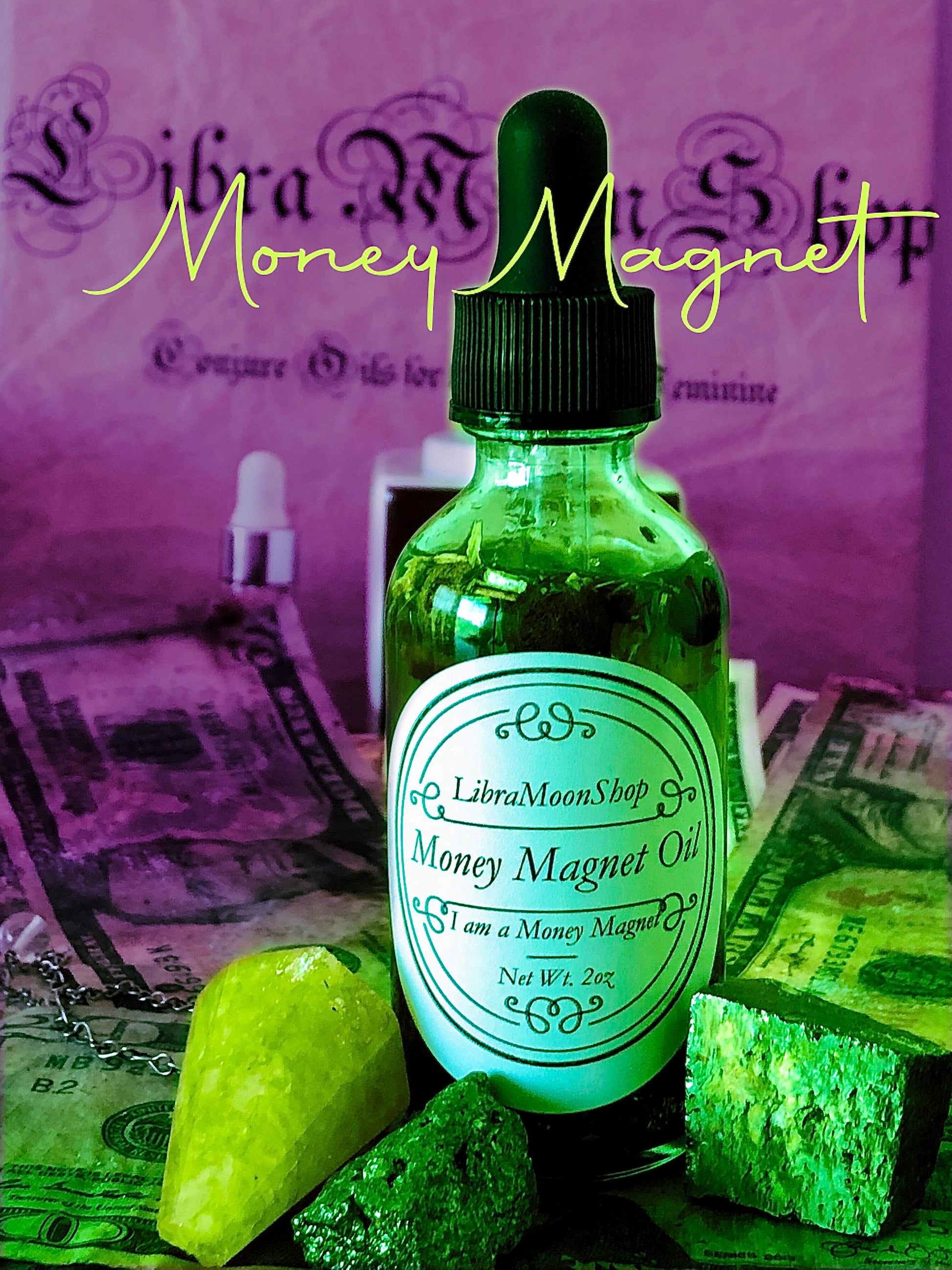 Green bottle labeled 'Money Magnet Oil' with green crystals and money-themed background